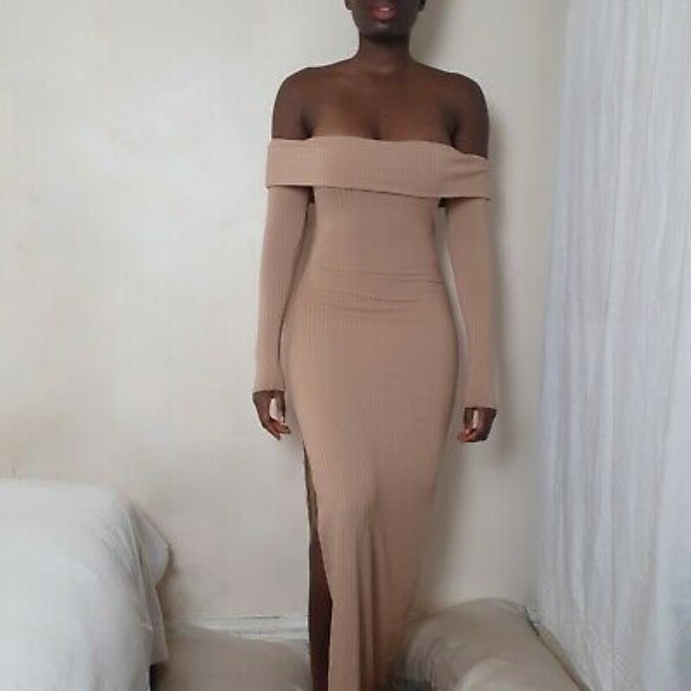 Nasty Gal Collection Ribbed Midi Dress Nude